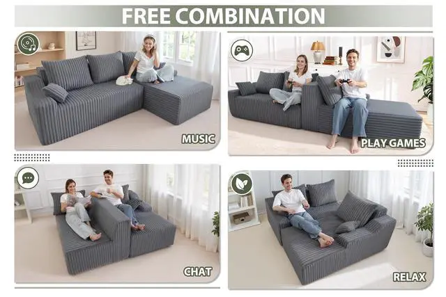 Alt view image 6 of 7 - 94'' Cloud Sectional Couch, Boneless Sofa with Deep Seat, Modular Comfy L-Shape Couch with Chaise for Living Room Bedroom, No Assembly Required(Grey,Right Facing Chaise)