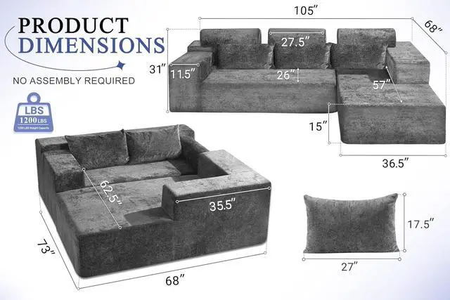 Alt view image 2 of 7 - 105" L-Shape Modular Sectional Sofa Couch for Living Room,No Assembly Required,Modular Comfy Sofa with Deep Seat for Living Room Bedroom,Luxury Distressed Velvet(Right,Grey)