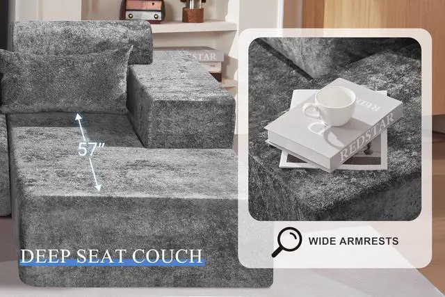 Alt view image 5 of 7 - 105" L-Shape Modular Sectional Sofa Couch for Living Room,No Assembly Required,Modular Comfy Sofa with Deep Seat for Living Room Bedroom,Luxury Distressed Velvet(Right,Grey)