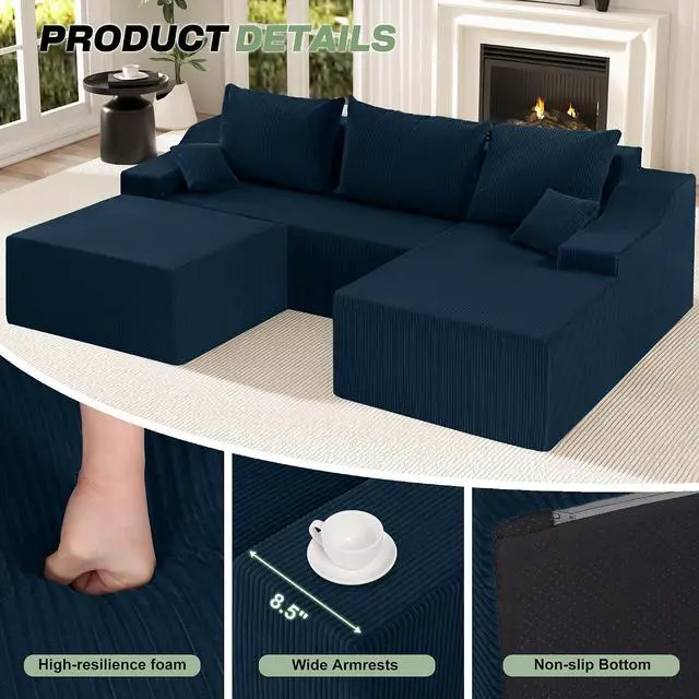 Alt view image 5 of 7 - U Shaped Modular Sectional Couch for Living Room, Modular Cloud Sofa with Ottoman, No Assembly Boneless Couches with Deep Seat, Corduroy Fabric (Blue, Right Facing)