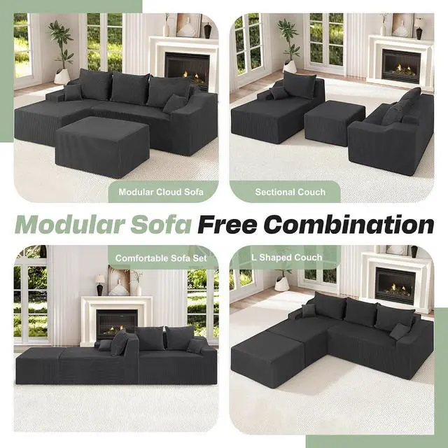 Alt view image 7 of 7 - 94 U Shaped Modular Sectional Couch for Living Room, Modular Cloud Sofa with Ottoman, No Assembly Boneless Couches with Deep Seat, Corduroy Fabric (Grey, Left Facing)