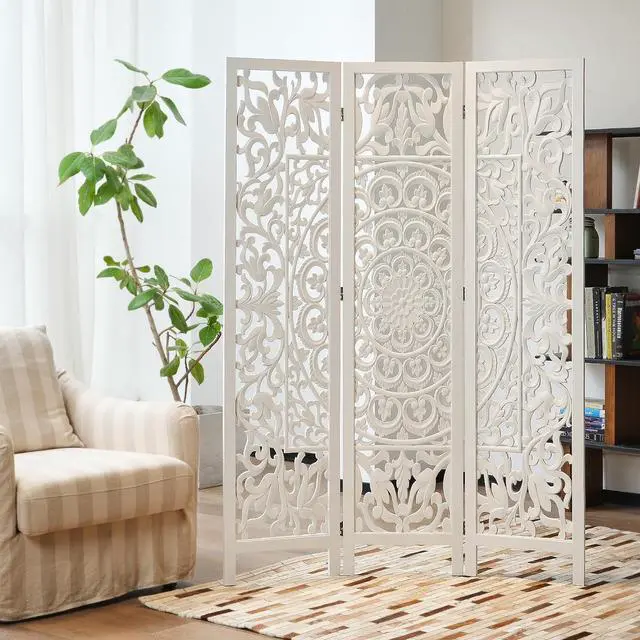 Main image of Carved Room Divider, White Hollow Carving Wood Screen, 3-Panel Luxury Decorative Folding Partition for Bedroom, Wedding, 67" H x 47.2" W