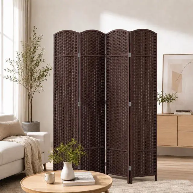 Main image of 4 Panel Woven Room Divider, 69" Folding Privacy Screen, Brown | with Solid Pine Wood Frame, Freestanding Decorative Partition for Bedroom, Apartment, Home Office, Living Room