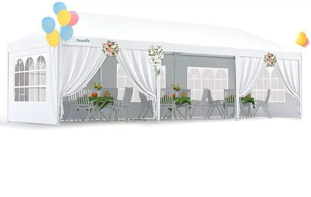 Main image of 10x30ft Party Tent with Removable Church Sidewalls | Waterproof PE Canopy with Church Windows, 2 Zippered Doors, Rust-Resistant White Steel Frame for Weddings, Parties & BBQs