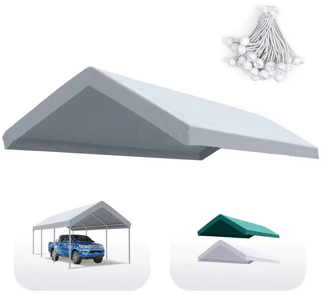 Main image of Carport Replacement Tarp Canopy Top Cover with Edge with Bungees Balls, for 10x20 ft Garage Party Tent Shelter - Gray, One Roof Only