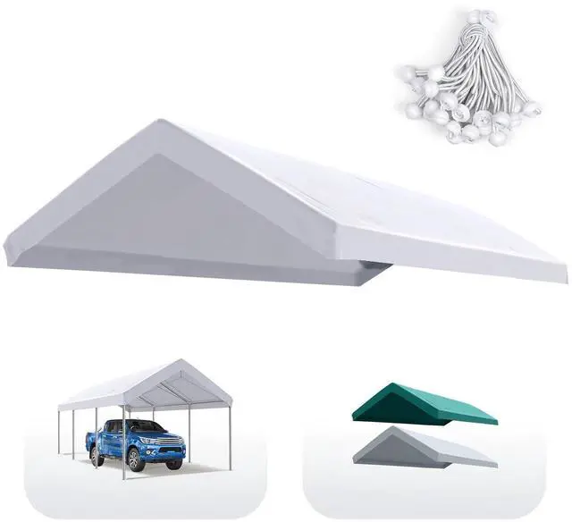 Main image of Carport Replacement Tarp Canopy Top Cover with Edge with Bungees Balls, for 10x20 ft Garage Party Tent Shelter - White, One Roof Only