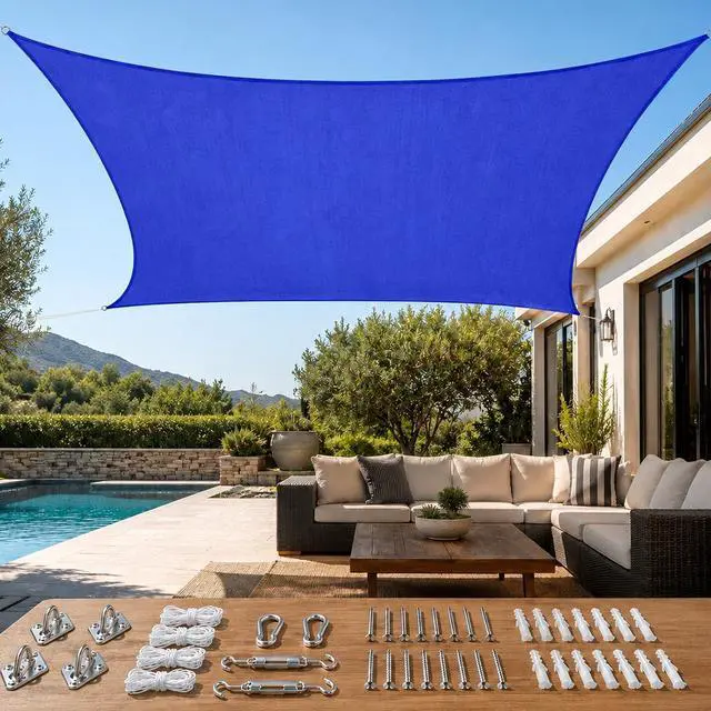 Main image of Sun Shade Sail for Patio with Hardware Kit 185GSM 26x20ft Blue | Rectangular Outdoor Sunshades UV Block Outside Canopy Cover for Commercial, Backyard, Garden, Deck