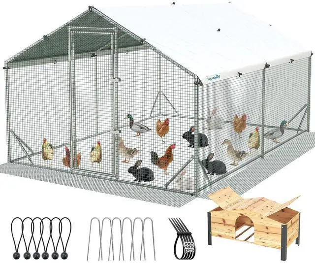 Main image of Large Metal Chicken Coop Run for 20+ Poultry w/Beige Nest Box | Side Hardware Cloth & Cover, Advanced Series Outdoor Walk-in Cage Hen Duck Rabbit Dog Pen Yard Farm House, 12x9x6.6FT