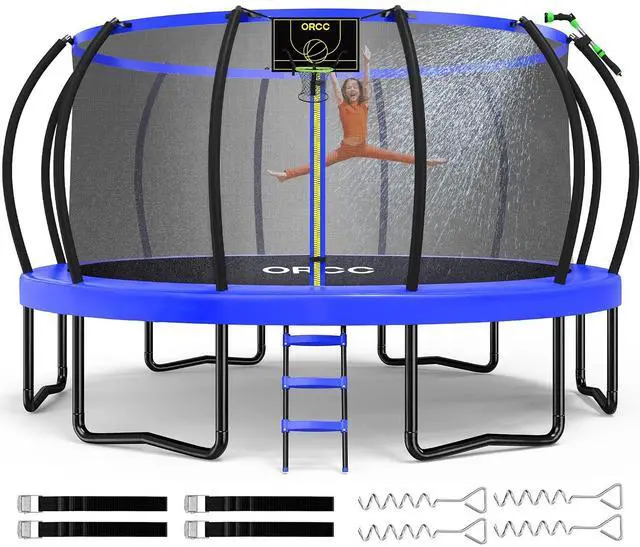 Main image of ORCC 1300LBS Weight Capacity Trampoline 16 15 12FT with Basketball Hoop Water Sprinkler Spiral Ground Stakes Outdoor Yard Trampolines for Kids Adults