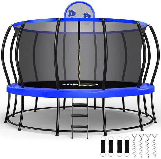 Main image of Zupapa 1800LBS Capacity Double Frame Trampoline 16 15 14 12FT No-Gap Safety Design Curved Poles & Basketball Hoop 10-Year Quality Assurance Perfect for Kids & Family Outdoor Fun