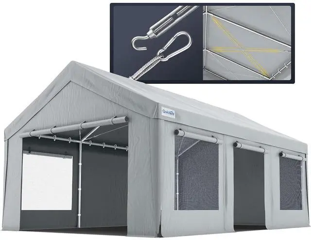 Main image of 12x20 ft Carports with Side Zipper Doors | Heavy Duty Snowproof Steel Cables and Ventilated Windows, Waterproof Storage Shelter for Car, Boat, Outdoor Equipment, Gray