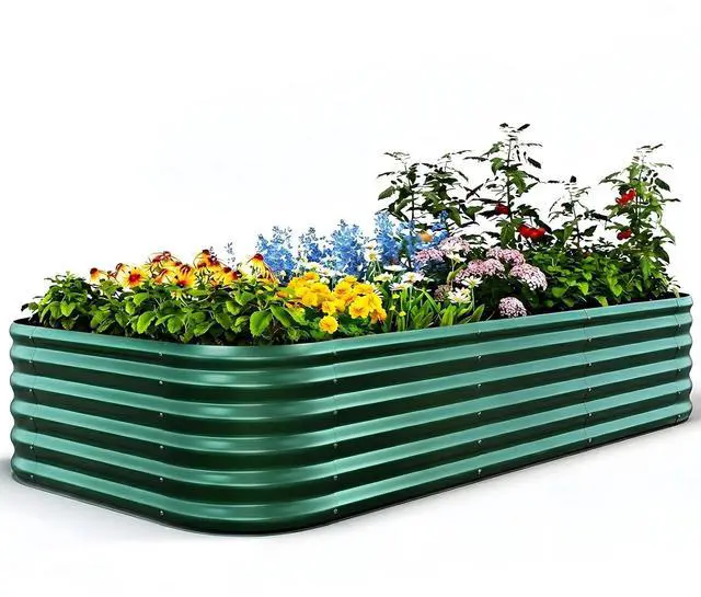 Main image of Galvanized Oval Raised Garden Bed Kit, 8x4x1.5 ft | Metal Planter Box Tall for Vegetables Outdoor Backyard, Strengthened by Crossbar, Green