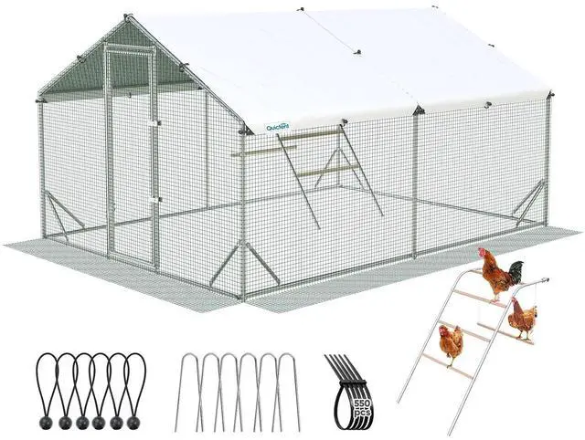 Main image of Advanced 12x9 ft Metal Chicken Coop Run with Climbing Ladder | Large Walk-in Outdoor Poultry Cage Heavy Duty Predator Proof Hen Duck Rabbit Farm Pen House, Waterproof Anti-UV Cover