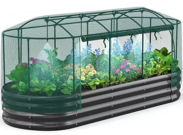 Main image of Raised Garden Bed Kit with Self Watering System & Netting 8x3x1Ft | Large Oval Metal Outdoor Planter Garden Boxes for Vegetables Herbs Flowers