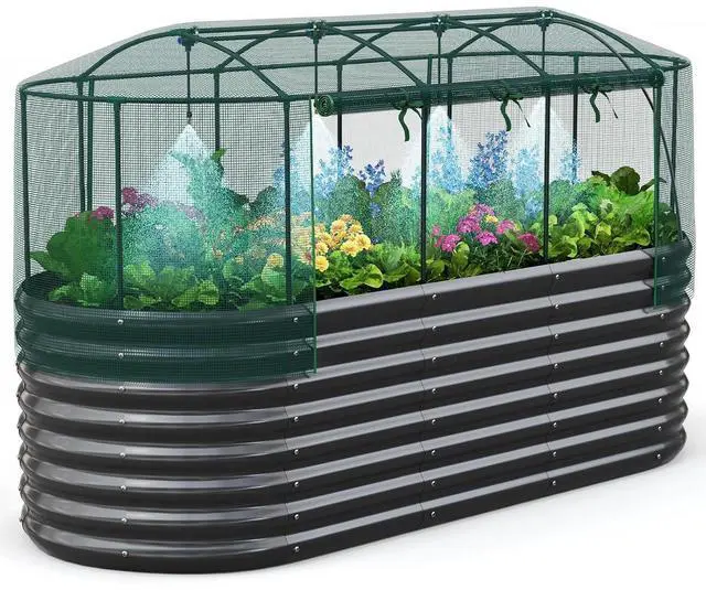 Main image of Raised Garden Bed Kit with Self Watering System & Netting 8x3x2Ft | Large Oval Metal Outdoor Planter Garden Boxes for Vegetables Herbs Flowers
