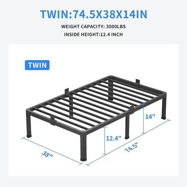Alt view image 3 of 7 - MAF 14 Inch Twin Metal Platform Bed Frame with Round Corner Legs | Mattress Baffle, 3000 LBS Heavy Duty Steel Slat Support, Noise Free, No Box Spring Needed, Easy Assembly, 12.4" Storage Space