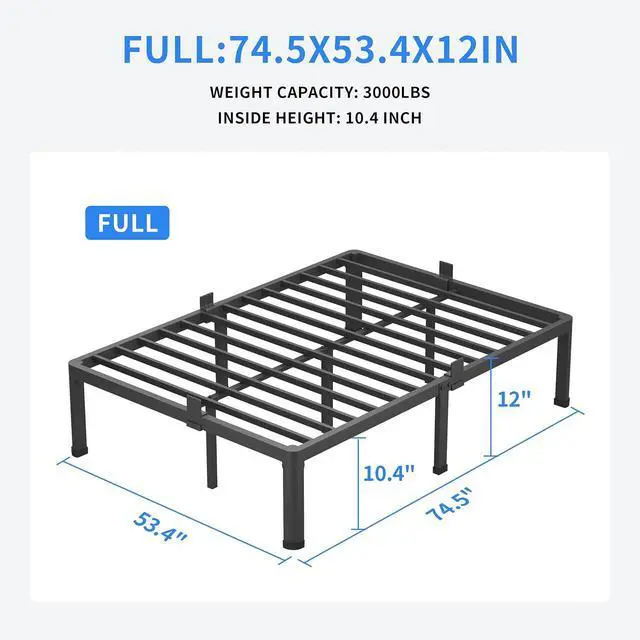 Alt view image 3 of 7 - MAF 12 Inch Full Size Metal Platform Bed Frame with Round Corner Legs | Mattress Baffle, 3000 LBS Heavy Duty Steel Slat Support, Noise Free, No Box Spring Needed, Easy Assembly, 10.4" Storage Space