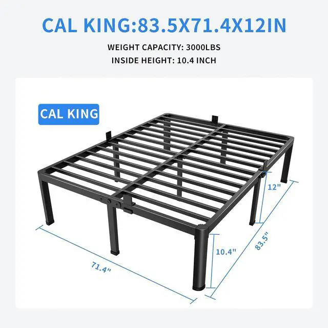 Alt view image 3 of 7 - MAF 12 Inch California King Metal Platform Bed Frame with Round Corner Legs | Mattress Slide Stopper, 3000 LBS Heavy Duty Steel Slats Support, No Box Spring Needed, Noise Free, 10.4" Storage Space