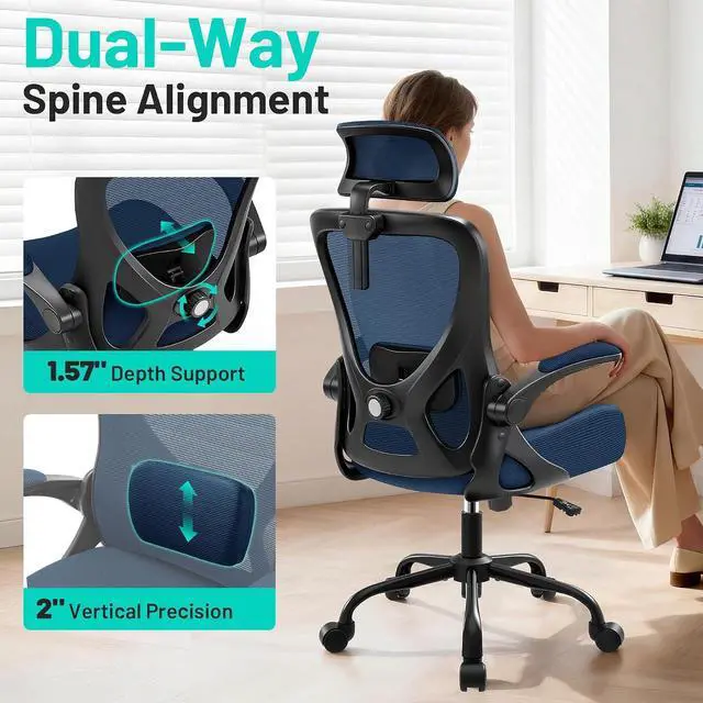 Alt view image 3 of 7 - AreShark Office Chair - Ergonomic Desk Chair Breathable Mesh Chair with 2D Headrest & Adjustable Lumbar Support - Executive High Back Rolling Swivel Computer Gaming Chair with Wheels Flip-up Armrests