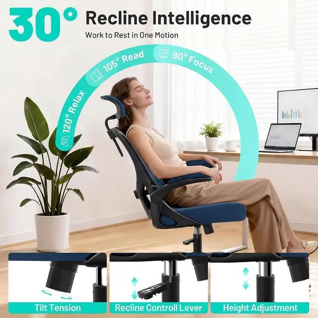 Alt view image 5 of 7 - AreShark Office Chair - Ergonomic Desk Chair Breathable Mesh Chair with 2D Headrest & Adjustable Lumbar Support - Executive High Back Rolling Swivel Computer Gaming Chair with Wheels Flip-up Armrests