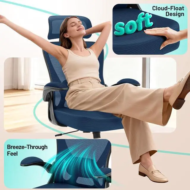 Alt view image 7 of 7 - AreShark Office Chair - Ergonomic Desk Chair Breathable Mesh Chair with 2D Headrest & Adjustable Lumbar Support - Executive High Back Rolling Swivel Computer Gaming Chair with Wheels Flip-up Armrests