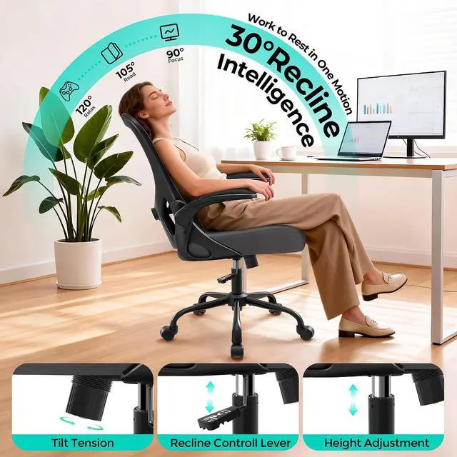 Alt view image 4 of 7 - AreShark Office Chair - Ergonomic Breathable Mesh Desk Chair with Adjustable Lumbar Support and Flip-up Armrests - Executive High Back Rolling Swivel Comfortable Computer Gaming Chair for Home Office