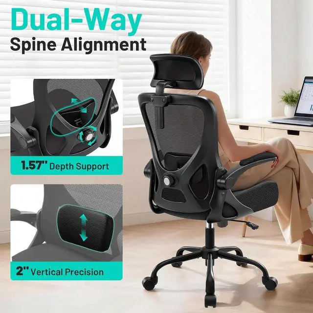 Alt view image 3 of 7 - AreShark Office Chair - Ergonomic Desk Chair Breathable Mesh Chair with 2D Headrest & Adjustable Lumbar Support - Executive High Back Rolling Swivel Computer Gaming Chair with Wheels Flip-up Armrests