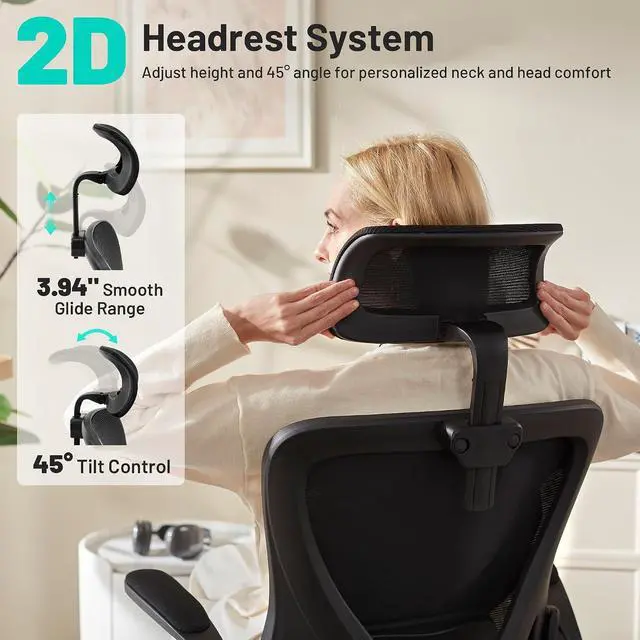 Alt view image 4 of 7 - AreShark Office Chair - Ergonomic Desk Chair Breathable Mesh Chair with 2D Headrest & Adjustable Lumbar Support - Executive High Back Rolling Swivel Computer Gaming Chair with Wheels Flip-up Armrests