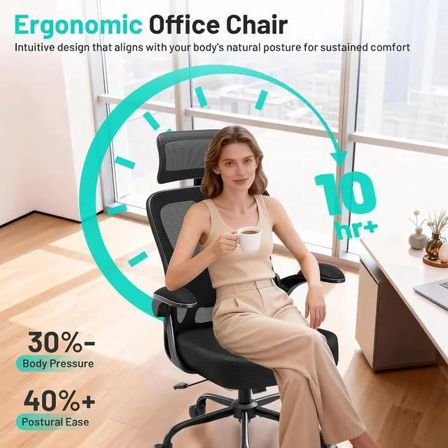 Alt view image 6 of 7 - AreShark Office Chair - Ergonomic Desk Chair Breathable Mesh Chair with 2D Headrest & Adjustable Lumbar Support - Executive High Back Rolling Swivel Computer Gaming Chair with Wheels Flip-up Armrests