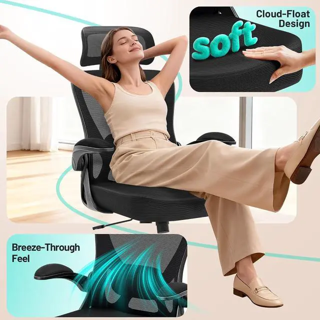 Alt view image 7 of 7 - AreShark Office Chair - Ergonomic Desk Chair Breathable Mesh Chair with 2D Headrest & Adjustable Lumbar Support - Executive High Back Rolling Swivel Computer Gaming Chair with Wheels Flip-up Armrests