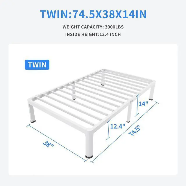Alt view image 3 of 7 - MAF 14 Inch Twin Metal Platform Bed Frame White with Round Corner Legs | Mattress Baffle, 3000 LBS Heavy Duty Steel Slat Support, Noise Free, No Box Spring Needed, Easy Assembly, 12.4" Storage Space