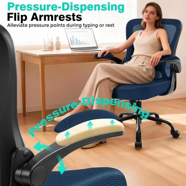 Alt view image 7 of 7 - AreShark Office Chair - Ergonomic Breathable Mesh Desk Chair with Adjustable Lumbar Support and Flip-up Armrests - Executive High Back Rolling Swivel Comfortable Computer Gaming Chair for Home Office