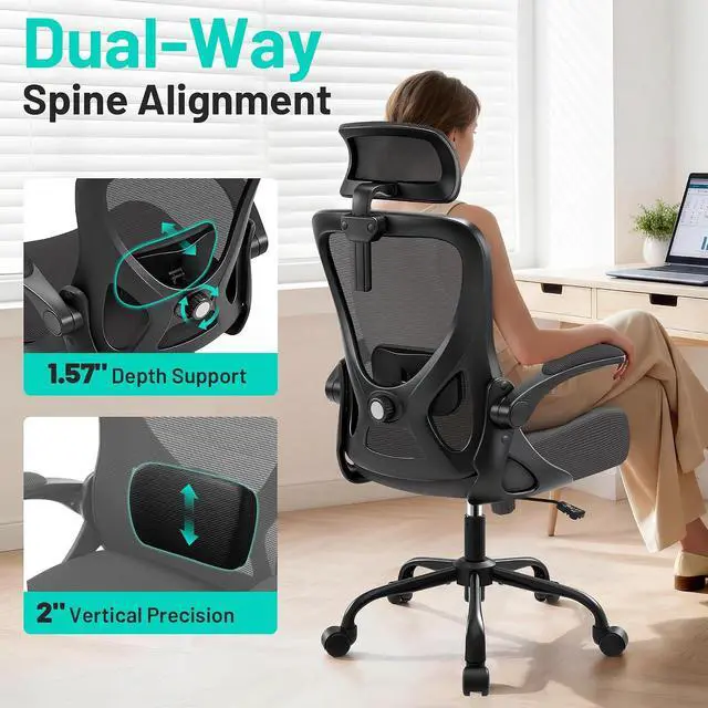Alt view image 3 of 7 - AreShark Office Chair - Ergonomic Desk Chair Breathable Mesh Chair with 2D Headrest & Adjustable Lumbar Support - Executive High Back Rolling Swivel Computer Gaming Chair with Wheels Flip-up Armrests
