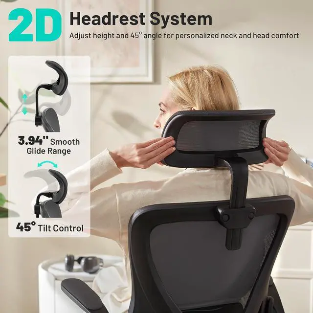 Alt view image 4 of 7 - AreShark Office Chair - Ergonomic Desk Chair Breathable Mesh Chair with 2D Headrest & Adjustable Lumbar Support - Executive High Back Rolling Swivel Computer Gaming Chair with Wheels Flip-up Armrests