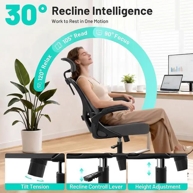 Alt view image 5 of 7 - AreShark Office Chair - Ergonomic Desk Chair Breathable Mesh Chair with 2D Headrest & Adjustable Lumbar Support - Executive High Back Rolling Swivel Computer Gaming Chair with Wheels Flip-up Armrests