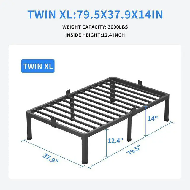 Alt view image 3 of 7 - MAF 14 Inch Twin XL Metal Platform Bed Frames with Round Corner Legs | Mattress Baffle, 3000 LBS Heavy Duty Steel Slat Support, Noise Free, No Box Spring Needed, Easy Assembly, 12.4" Storage Space