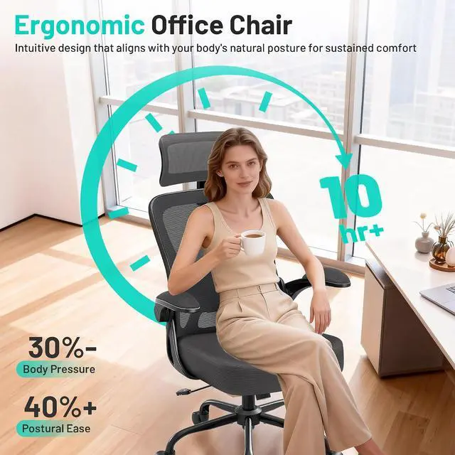 Alt view image 6 of 7 - AreShark Office Chair - Ergonomic Desk Chair Breathable Mesh Chair with 2D Headrest & Adjustable Lumbar Support - Executive High Back Rolling Swivel Computer Gaming Chair with Wheels Flip-up Armrests