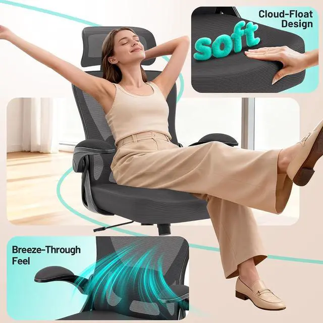Alt view image 7 of 7 - AreShark Office Chair - Ergonomic Desk Chair Breathable Mesh Chair with 2D Headrest & Adjustable Lumbar Support - Executive High Back Rolling Swivel Computer Gaming Chair with Wheels Flip-up Armrests