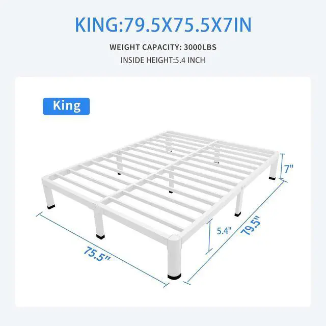 Alt view image 3 of 7 - MAF 7 Inch King Metal Platform Bed Frame White with Round Corner Legs | Mattress Slide Stopper, 3000 LBS Heavy Duty Steel Slats Support, Noise Free, No Box Spring Needed, Easy Assembly, Anti-Slip
