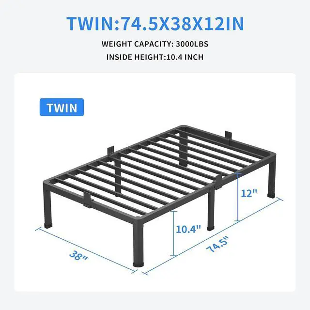 Alt view image 3 of 7 - MAF 12 Inch Twin Metal Platform Bed Frame with Round Corner Legs | Mattress Baffle, 3000 LBS Heavy Duty Steel Slat Support, Noise Free, No Box Spring Needed, Easy Assembly, 10.4" Storage Space