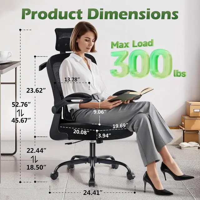 Alt view image 2 of 7 - AreShark Office Chair Ergonomic Desk Chairs with Adjustable Lumbar Support& Headrest Hanger, High Back Breathable Mesh Chair with Wheels, Rolling Swivel Comfy Task Computer Chair for Home Work Gaming