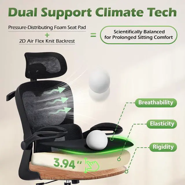 Alt view image 4 of 7 - AreShark Office Chair Ergonomic Desk Chairs with Adjustable Lumbar Support& Headrest Hanger, High Back Breathable Mesh Chair with Wheels, Rolling Swivel Comfy Task Computer Chair for Home Work Gaming