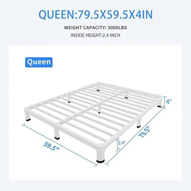 Alt view image 3 of 7 - MAF 4 Inch Queen Metal Platform Bed Frame White with Round Corner Legs | Mattress Slide Stopper, 3000 LBS Heavy Duty Steel Slats Support, Noise Free, No Box Spring Needed, Easy Assembly, Anti-Slip