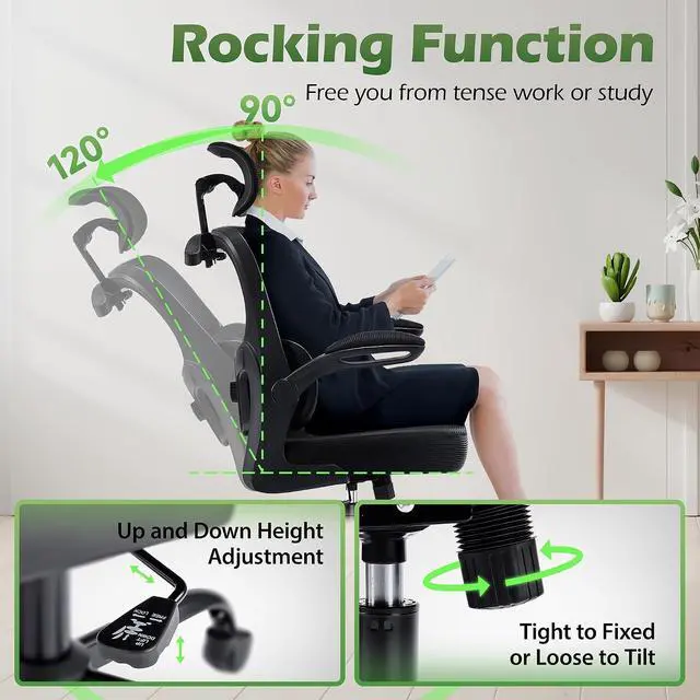 Alt view image 6 of 7 - AreShark Office Chair Ergonomic Desk Chairs with Adjustable Lumbar Support& Headrest Hanger, High Back Breathable Mesh Chair with Wheels, Rolling Swivel Comfy Task Computer Chair for Home Work Gaming