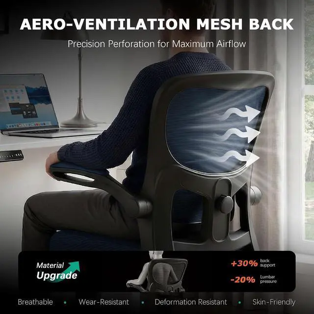 Alt view image 4 of 7 - AreShark Office Chair Ergonomic Desk Chairs with Adjustable Lumbar Support, High Back Breathable Mesh Chair with Wheels& Flip-up Armrests,Rolling Swivel Comfy Task Computer Chair for Home Work Gaming