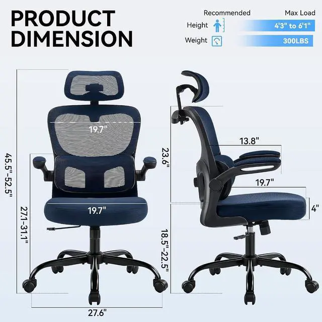 Alt view image 2 of 7 - AreShark Office Chair Ergonomic Desk Chairs with Adjustable Lumbar Support& Headrest Hanger, High Back Breathable Mesh Chair with Wheels, Rolling Swivel Comfy Task Computer Chair for Home Work Gaming