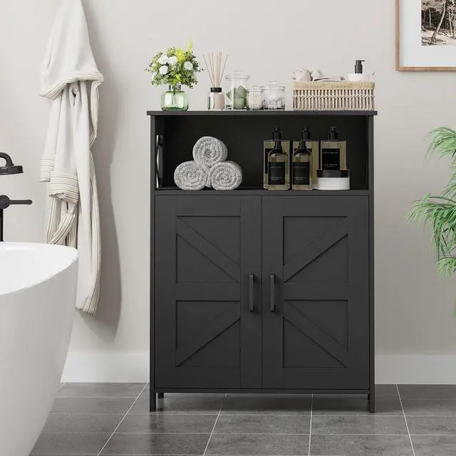 Alt view image 2 of 7 - Homhedy Farmhouse Bathroom Storage Cabinet with Doors, Small Floor Cabinet | Toilet Paper Cabinet with Adjustable Shelf, Freestanding Storage Cabinet for Kitchen/Laundry/Living Room, 24"W, Black