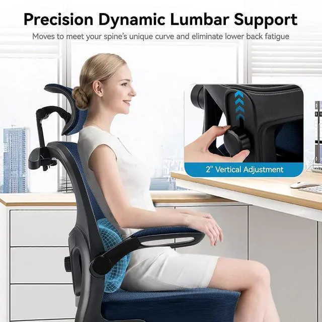 Alt view image 3 of 7 - AreShark Office Chair Ergonomic Desk Chairs with Adjustable Lumbar Support& Headrest Hanger, High Back Breathable Mesh Chair with Wheels, Rolling Swivel Comfy Task Computer Chair for Home Work Gaming
