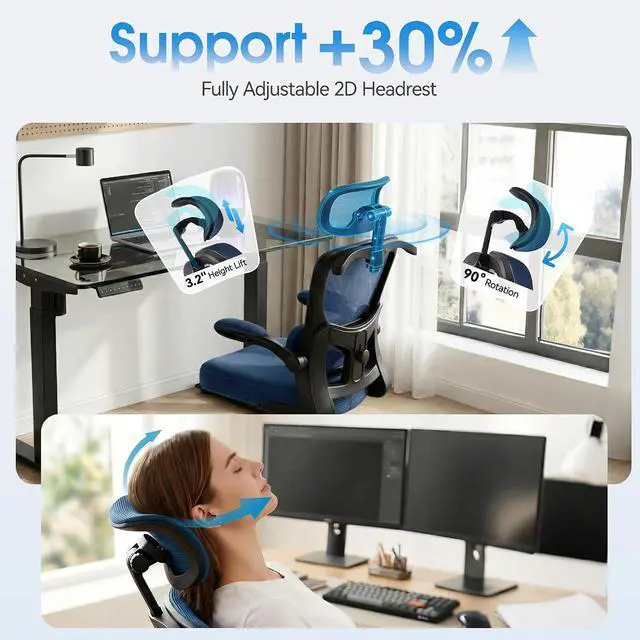 Alt view image 4 of 7 - AreShark Office Chair Ergonomic Desk Chairs with Adjustable Lumbar Support& Headrest Hanger, High Back Breathable Mesh Chair with Wheels, Rolling Swivel Comfy Task Computer Chair for Home Work Gaming