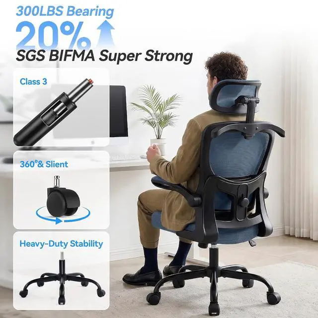 Alt view image 5 of 7 - AreShark Office Chair Ergonomic Desk Chairs with Adjustable Lumbar Support& Headrest Hanger, High Back Breathable Mesh Chair with Wheels, Rolling Swivel Comfy Task Computer Chair for Home Work Gaming